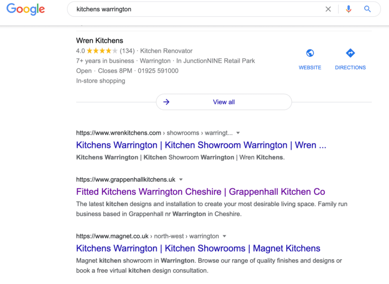 A Google search result for Grappenhall Kitchen showing their ranking