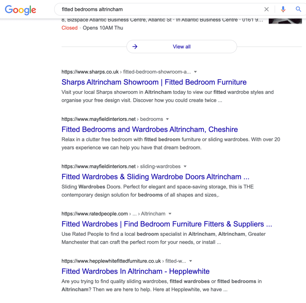 a google search engine page result showing pages from Mayfield Interiors