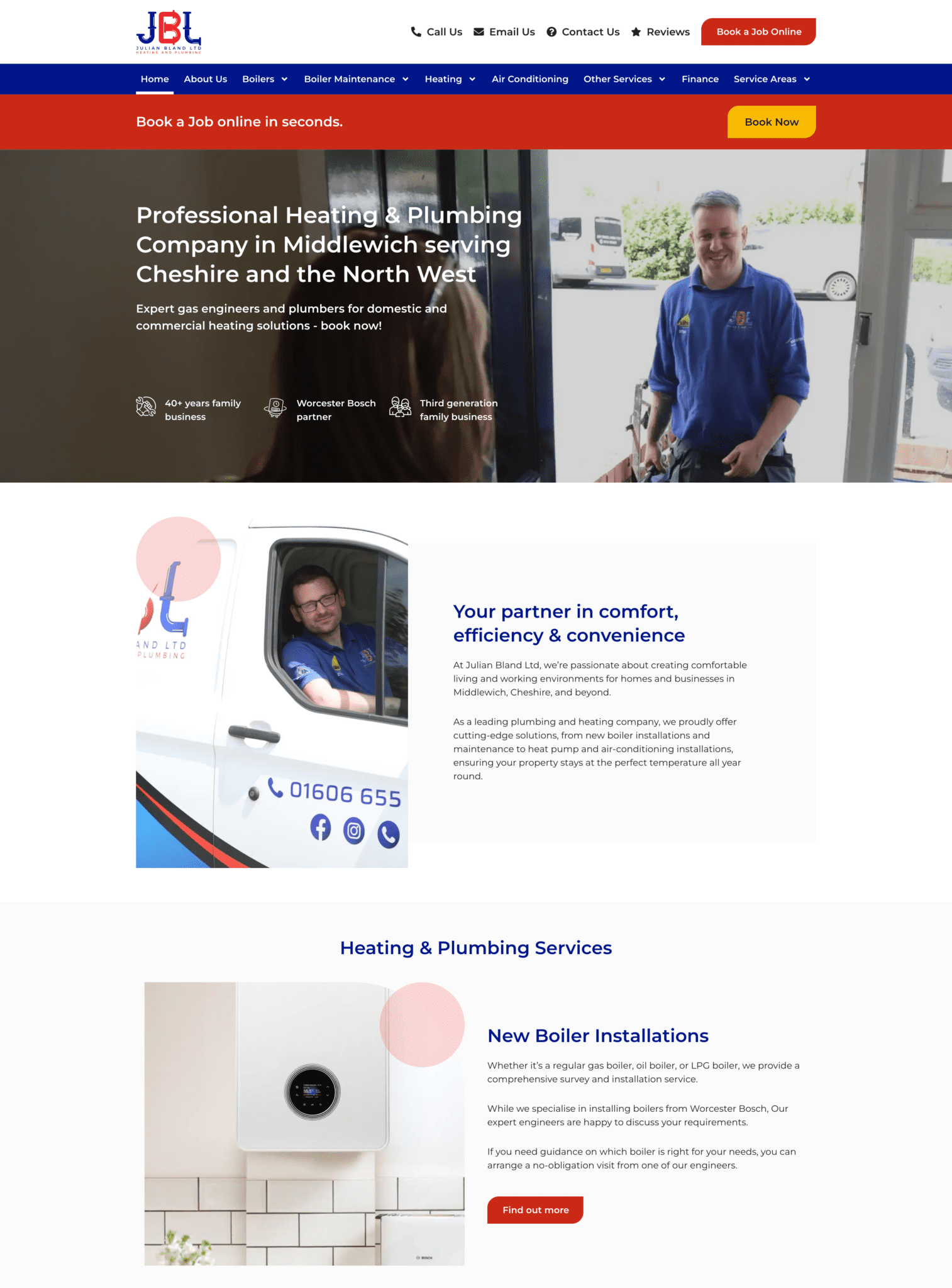 Screenshot of a website for JBL Heating & Plumbing, featuring a header, company information, images of staff, service details, and a contact number. Main call-to-action buttons include "Book Now" and "Book a Job Online.