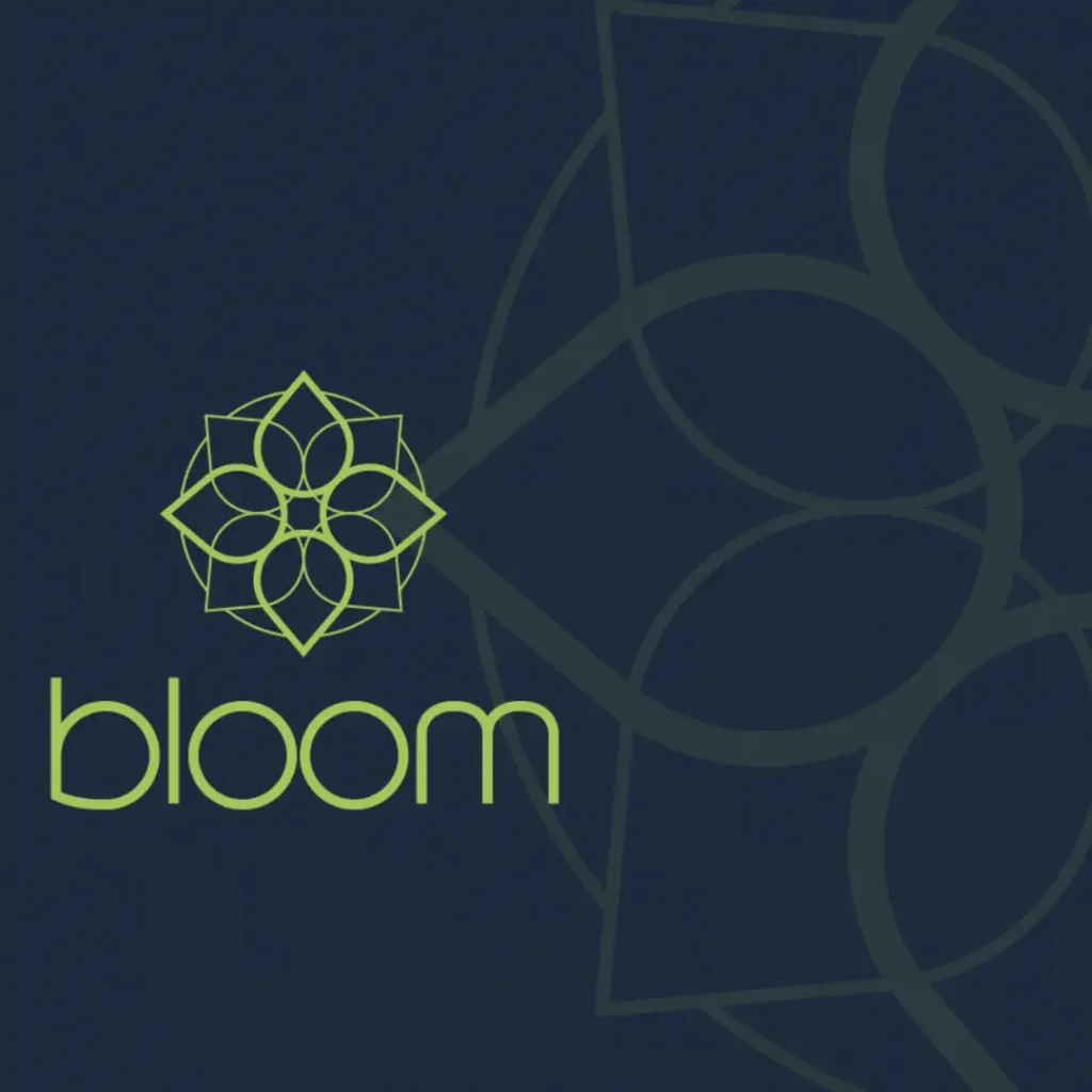 Minimalist design with a geometric floral logo and the word "bloom" in lowercase letters. The image, showcasing expert graphic design, features a dark background with a larger, abstract floral pattern on the right side.