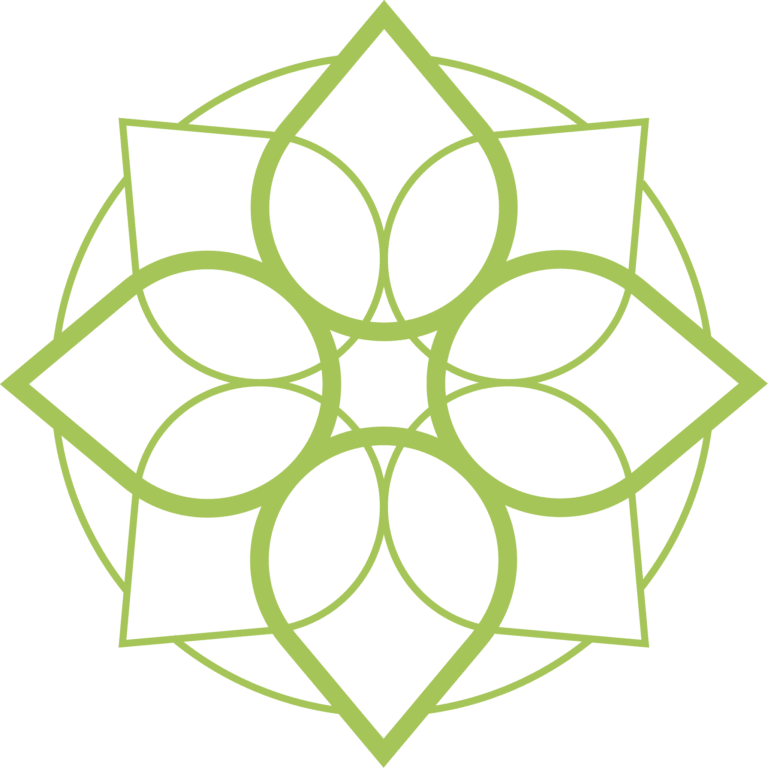 A green geometric pattern resembling an overlapping floral design inside a circle on a transparent background.