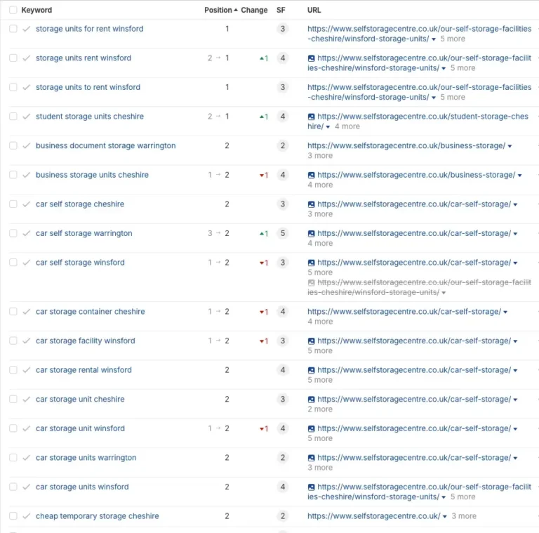 A table listing keywords, search rankings, current and previous positions, URLs, and search volumes for self-storage-related queries in Cheshire and Warrington, including topics like heating or plumbing.