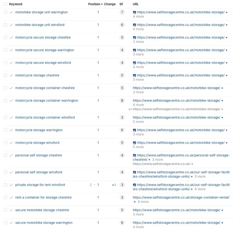 A screenshot of a keyword ranking table showing search terms, positions, position changes, search features, and URLs for storage services and Heating on selfstoragecentre.co.uk.
