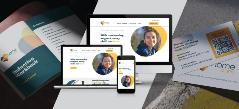 Collage showing a workbook, website on multiple devices, and a business card for One Home Care, a home care organization—each item featuring consistent branding and colors.