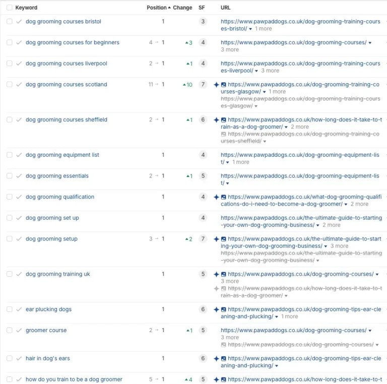 A screenshot of a keyword ranking tool showing search terms related to Dog Grooming, including columns for position, changes, search volume, and URLs—perfect for tracking trends with Grooming Academy insights.