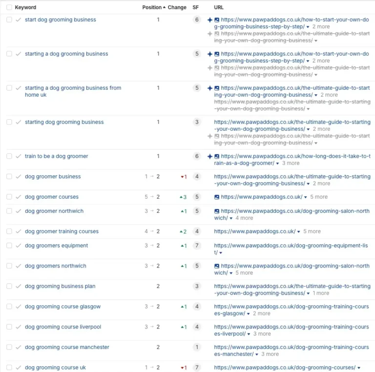 A keyword ranking table showing search terms related to dog grooming courses and businesses in the UK, including "Dog grooming academy," with columns for ranking, position change, search feature, paw pad mentions, and URLs.
